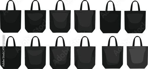 Vector illustration of black tote bag design variations with handles and front pockets arranged in rows for fashion accessories