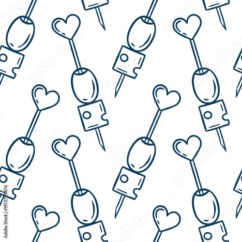 Mediterranean blue line doodle pattern featuring olive tapas with cheese. Minimalist repeat for tapas bar branding or cafe wallpaper