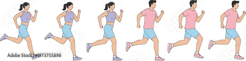 Vector illustration of cartoon runners in sequence showing biomechanics of running with ponytail and short hair characters