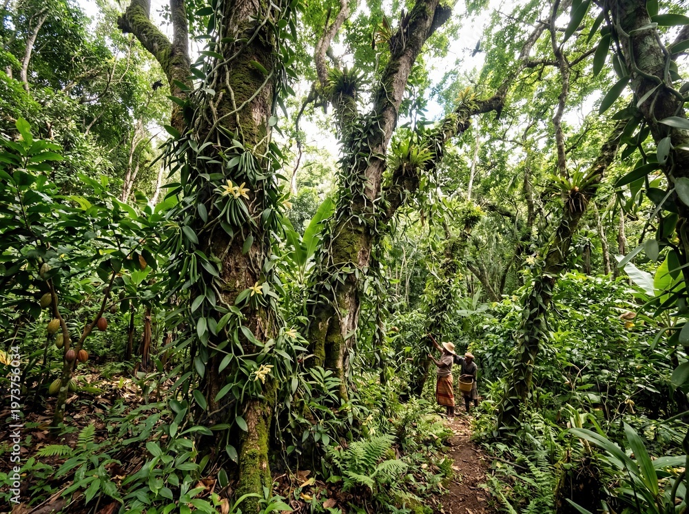 Fototapeta premium Explore the untamed beauty of the rainforest, where lush greenery thrives amidst ancient trees and an explorer path in distance. Experience the tranquility and the wonders of the natural world