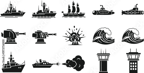 Naval warfare silhouettes, warship illustration, submarine artwork design, maritime icon concept, ocean wave graphic, military vessel silhouette, black white pattern