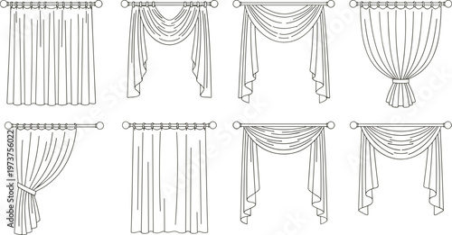 Vector illustration of different curtain styles including pleated, swag, balloon, and side‑tied designs in line art