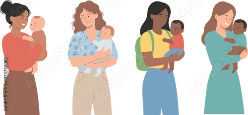 Vector illustration of diverse adults holding babies in different outfits representing parenting, family care, and nurturing love