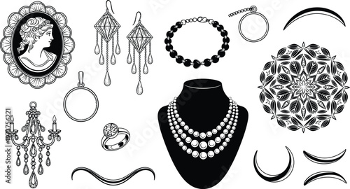 Jewelry silhouette collection, vintage accessory illustration, ornate earrings artwork, decorative necklace design, gemstone ring concept, luxury fashion icon