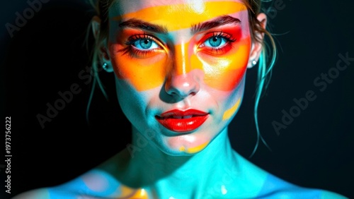Portrait of a woman with colorful face paint and dramatic lighting