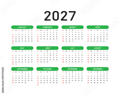 Modern 2027 annual calendar template design featuring all twelve months clearly displayed with highlighted weekends