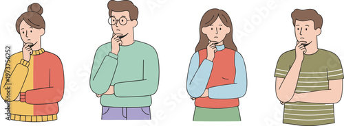Vector illustration of diverse individuals standing in thoughtful poses with hand on chin representing curiosity and decision making