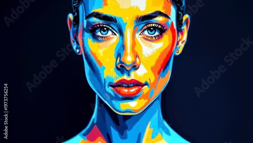Abstract Portrait Face Painted Yellow Blue