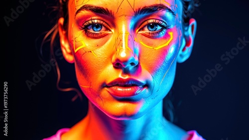 Portrait of woman with cybernetic neon face paint