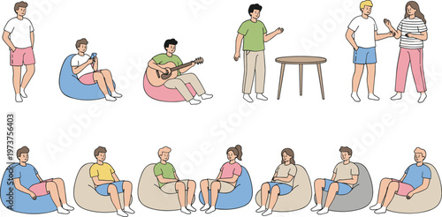 Vector illustration of diverse people relaxing on bean bags, standing, playing guitar, and engaging in casual social activities