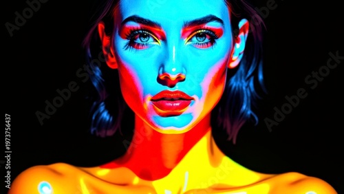 Neon lit woman portrait blue orange yellow