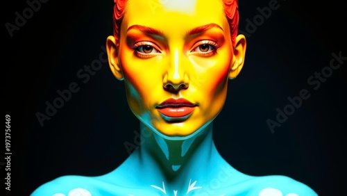 Stylized portrait of a woman with a golden face and blue neck