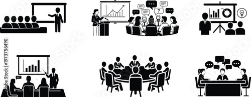 Business presentation meeting teamwork analytics icons set, corporate training seminar data chart communication strategy collaboration vector silhouettes collection