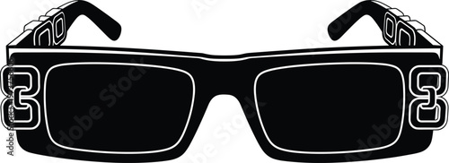Rectangular sunglasses silhouette, fashion eyewear illustration, stylish optical accessory design, trendy spectacles artwork, black white icon, decorative hinge concept
