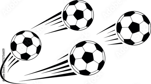 Four black and white soccer balls flying fast in different directions quickly  motion lines