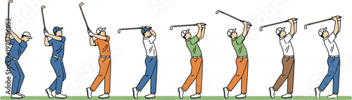 Vector illustration of golf swing stages showing backswing, downswing, impact, and follow‑through motion