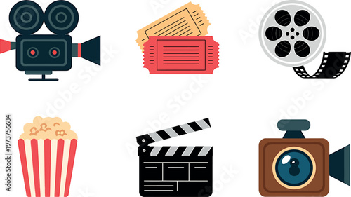 Cinema movie film icons with popcorn clapperboard camera filmstrip tickets