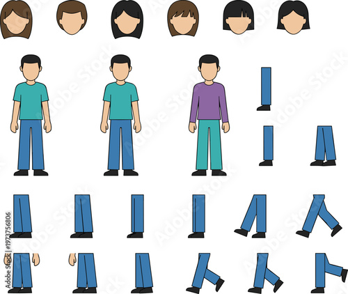 Vector illustration of modular cartoon character parts including heads, bodies, arms, and legs for animation and design projects