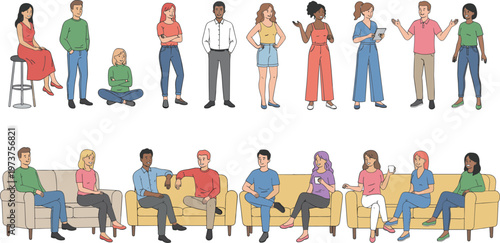 Vector illustration of people in casual social interaction standing, sitting, and conversing in friendly group settings