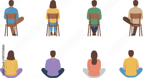 Vector illustration of people sitting on chairs and cross‑legged on floor viewed from behind in casual postures