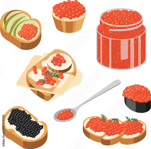 sandwiches with red caviar on white background