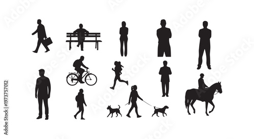 Diverse silhouettes of humans in various dynamic poses and gestures illustrating movement and activity