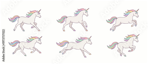Unicorn running cycle animation set, cute rainbow horse characters in various motion poses for 2D game sprites or fairytale design projects isolated on a plain white background, pastel colors vector s
