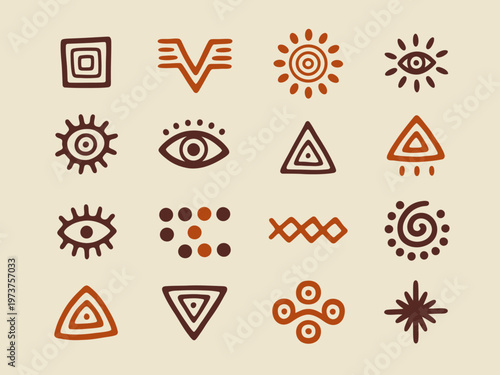 Collection of primitive tribal symbols and ancient eye motifs in earthy brown and orange tones