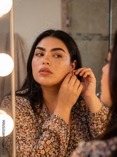 Plus-size Latina woman fastening hoop earring in bathroom mirror, candid morning routine portrait
