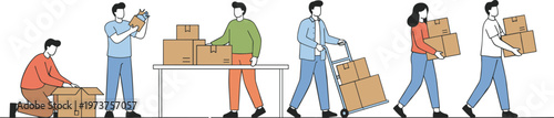Vector illustration of teamwork with people packing, carrying, and moving boxes in logistics and organization process