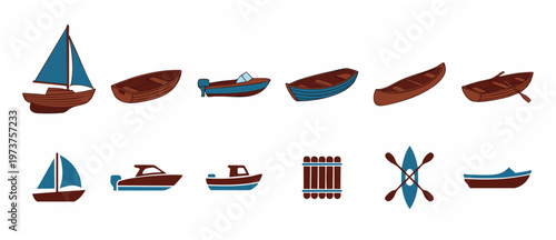 Boats and watercraft collection vector set, sailing vessels, motorboats, canoes, kayaks and rafts isolated on white background, nautical transportation equipment icons for design, web and infographics