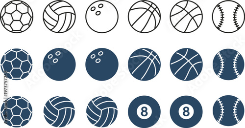 Vector illustration of sports ball icons including soccer, basketball, volleyball, baseball, bowling, and billiards in outline and solid styles
