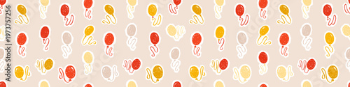 Seamless pattern - cartoon balloons for birthday party. Red, yellow, helium balloons with with chalk texture, vector sketch crayon illustration