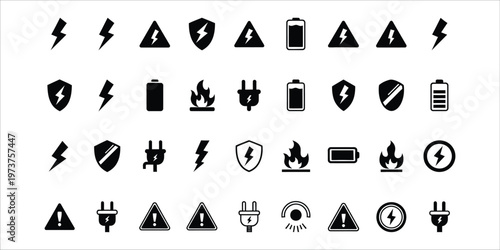 Electrical safety and warning sign icons collection in black and white