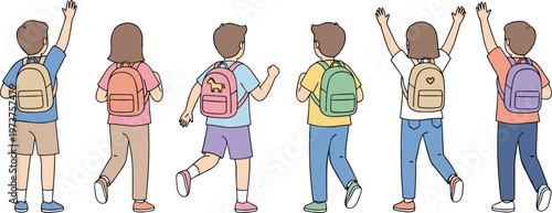 Colorful vector illustration of children with backpacks symbolizing school, friendship, and togetherness