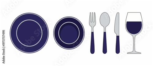 Table setting with blue plates, cutlery and wine glass isolated on white background. Minimalist dining place setting vector illustration for restaurant menu design, dining service and food presentatio