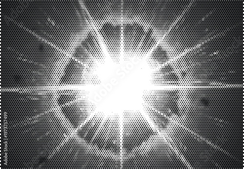 Bright star halftone background with radiant rays and black white retro stipple texture design