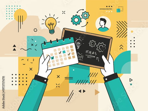 A person holding a calendar and blackboard with ideas and planning concept  business productivity organization creativity