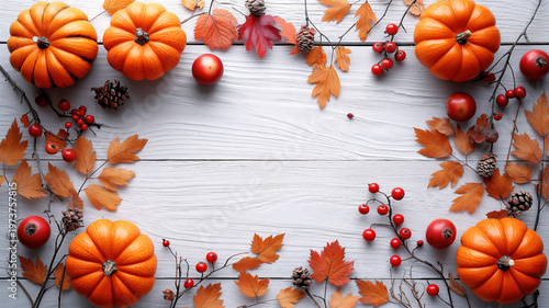 Festive autumn decor with pumpkins berries and leaves on white wood