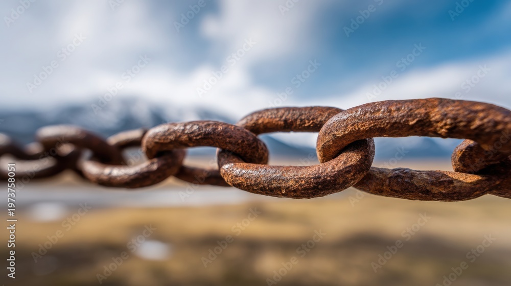 Obraz premium Rusty chain in sharp focus, blurred open bright landscape in background, strong contrast, concept of breaking free from the past