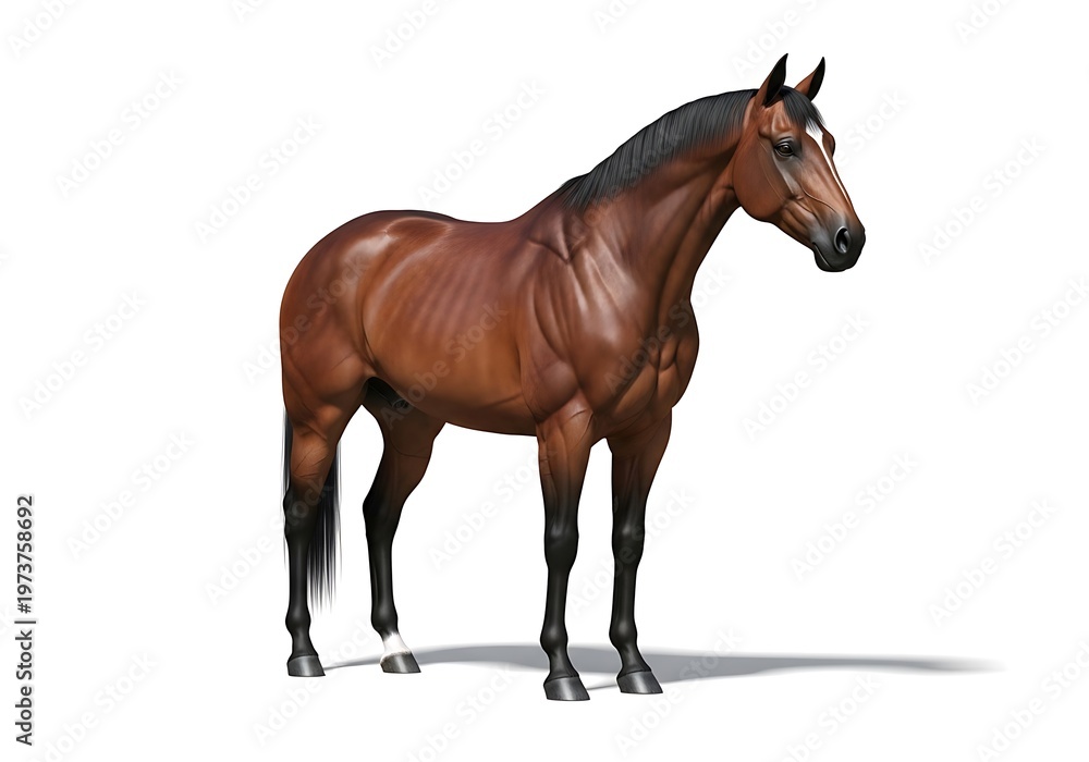 Obraz premium A majestic brown horse stands with its head turned to the side isolated on a white background