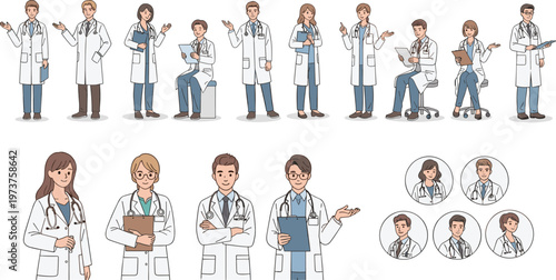 Flat Vector Illustration Set of Professional Medical Doctors in Lab Coats Holding Clipboards for Healthcare Hospital Design Projects Creative Staff Graphics Clinic Educational Art Materials.