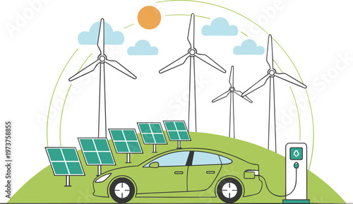 Vector illustration of eco friendly green energy concept with solar panels wind turbines and electric car for sustainability.