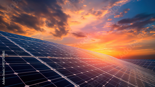 Sunset Background with Photovoltaic Panels Highlighting Clean Energy