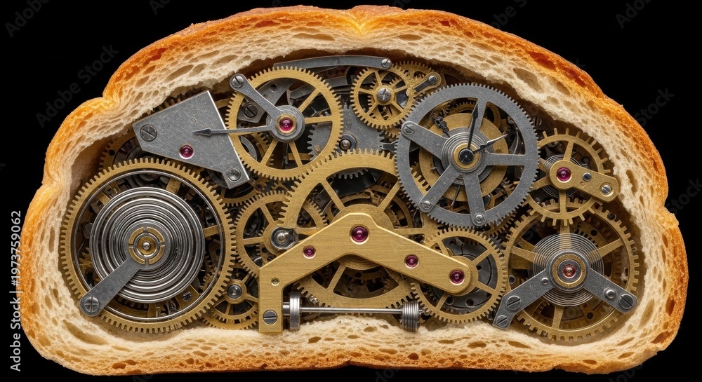 Naklejka premium A slice of bread with intricate clockwork gears and mechanisms visible inside, set against a black background.