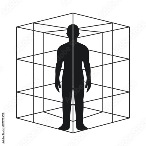 Human silhouette trapped inside a 3D wireframe cube representing virtual reality and digital constraints.