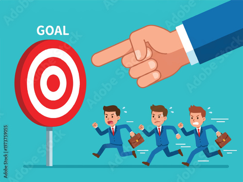 Businessmen running towards a goal target with a giant hand pointing  striving for success and achievement in a competitive environment