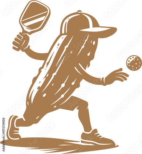 Funny Pickle Characters Playing Tennis Cartoon Vector Illustration Retro Style.
