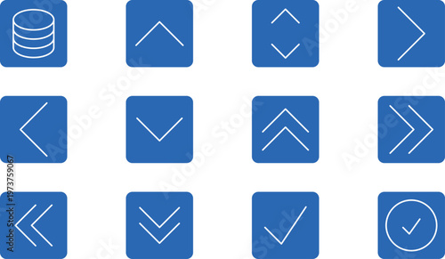 Set of 12 blue navigation and interface icons with arrows and database.