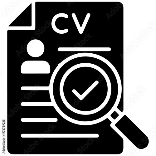 minimalist cv review icon with magnifying glass and checkmark on dark background